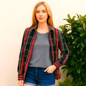 Tommy Hilfiger Red and Green Plaid Button-Down Shirt XS